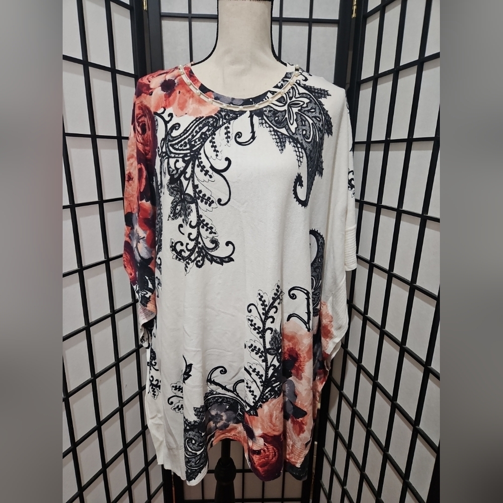 Chico's L/Xl Floral Light-Weight Poncho with Pearl Embellished Neckline
